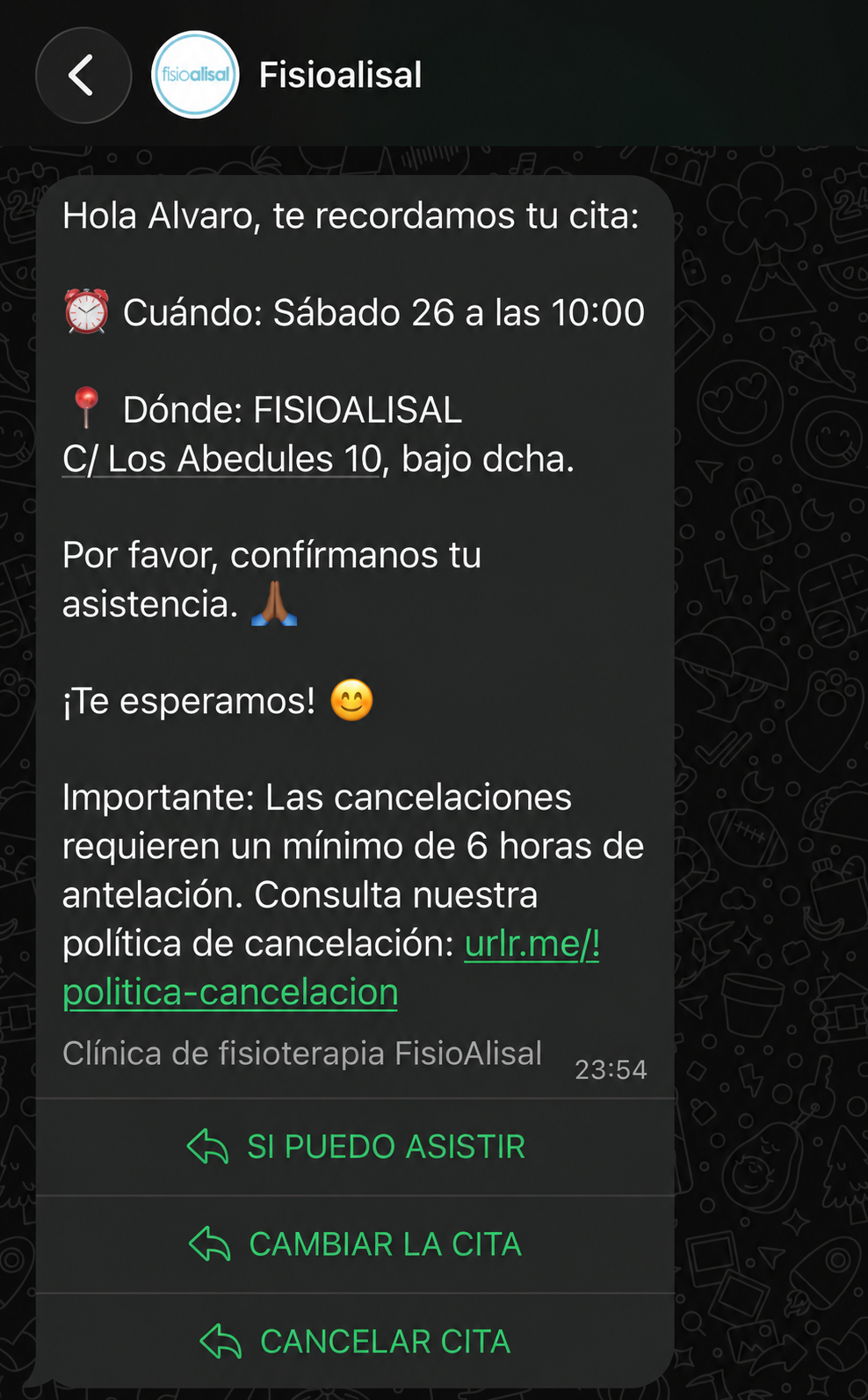 Recordatorio de cita por WhatsApp con botones para confirmar, cambiar o cancelar